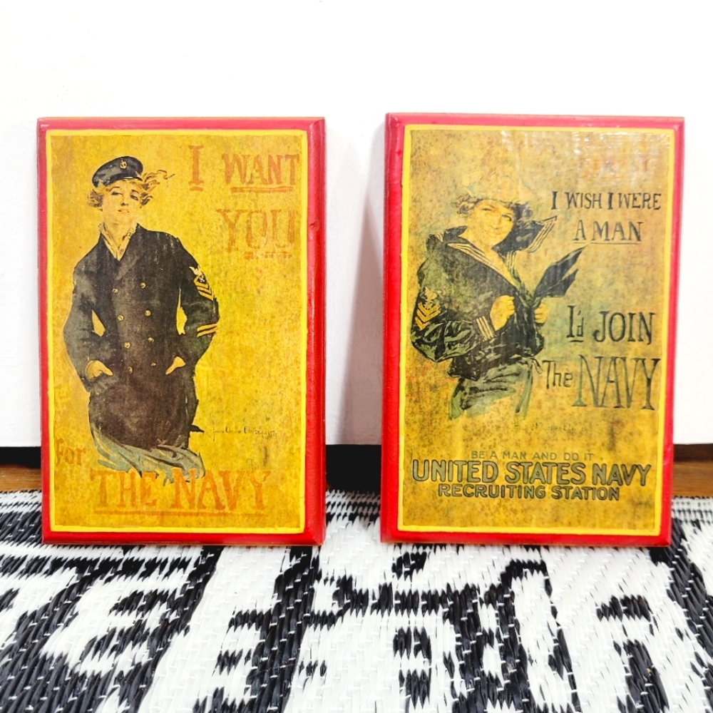 Vintage Set of Two (2) 1970's Wooden Decoupage Navy Recruitment Wall Plaques